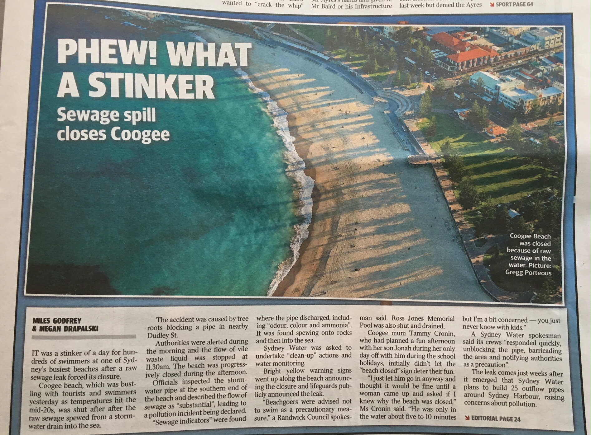 2016 04 14 Cooge sewer spill Daily Telegraph article